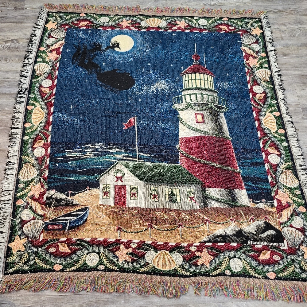 Goodwin Crown Craft Christmas Fringed Throw Blanket Santa Lighthouse Nautical